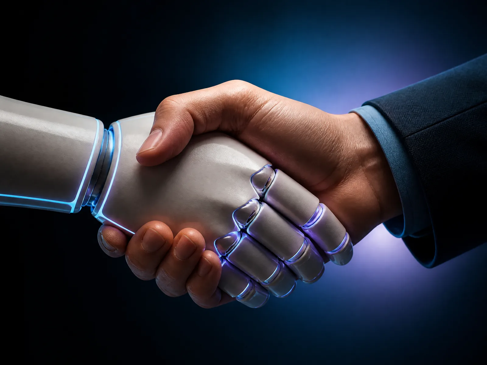 An AI agent's hand shaking hands with a person in a suit — the AI Ops partnership